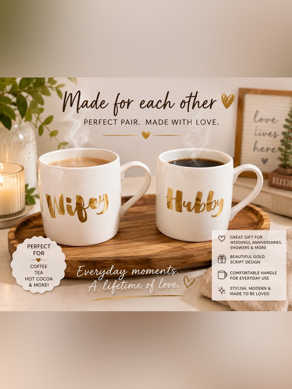 Wifey & Hubby Gold Lettering Ceramic Mug Set